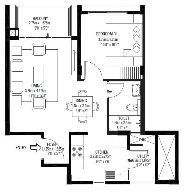 Floor plan of 1 BHK 712 Sq. Ft. Apartment in Godrej Zest, Bangalore