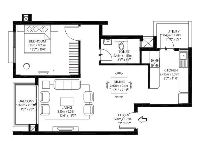 Floor plan of 1 BHK 908 Sq. Ft. Apartment in Godrej Zest, Bangalore