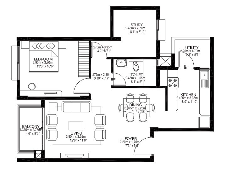 Floor plan of 1 BHK 889 Sq. Ft. Apartment in Godrej Zest, Bangalore