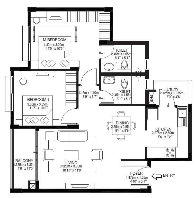Floor plan of 2 BHK 1090 Sq. Ft. Apartment in Godrej Zest, Bangalore