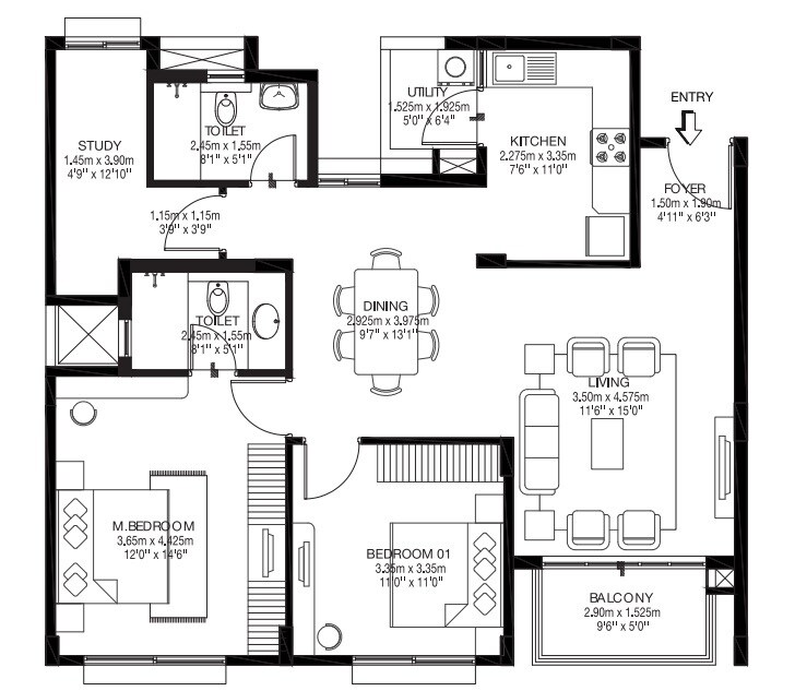 Floor plan of 2 BHK 1360 Sq. Ft. Apartment in Godrej Zest, Bangalore