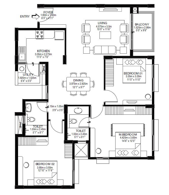 Floor plan of 3 BHK 1477 Sq. Ft. Apartment in Godrej Zest, Bangalore