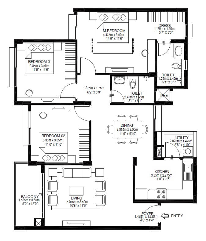 Floor plan of 3 BHK 1502 Sq. Ft. Apartment in Godrej Zest, Bangalore