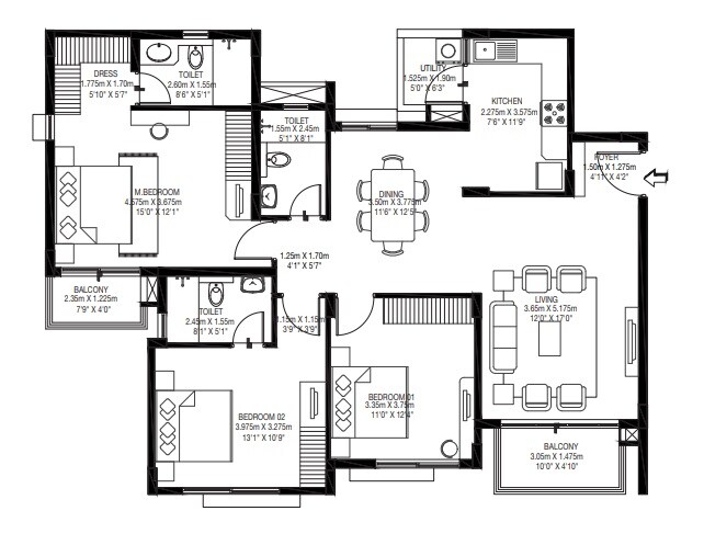 Floor plan of 3 BHK 1708 Sq. Ft. Apartment in Godrej Zest, Bangalore