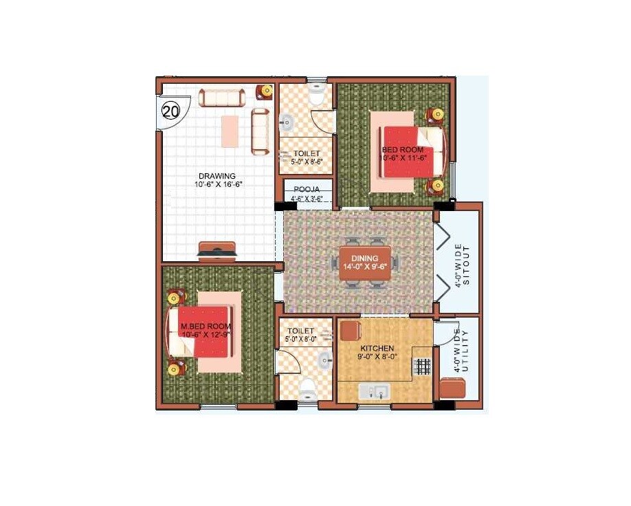 Floor plan of 2 BHK 1160 Sq. Ft. Apartment in Gokul Indwin Blue Berry Homes, Bangalore