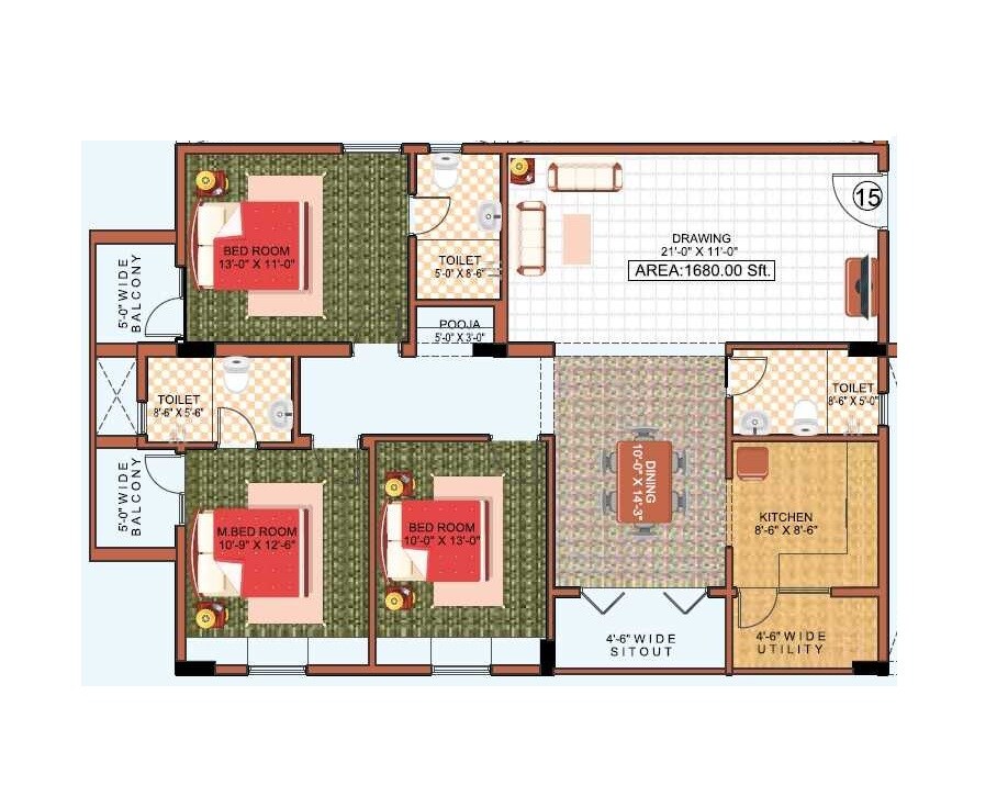 Floor plan of 3 BHK 1680 Sq. Ft. Apartment in Gokul Indwin Blue Berry Homes, Bangalore