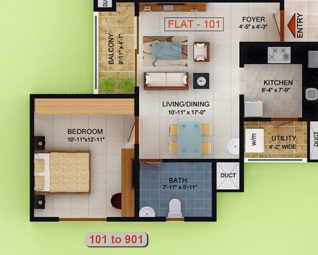 Floor plan of 1 BHK 765 Sq. Ft. Apartment in Golden Gate Commune, Bangalore