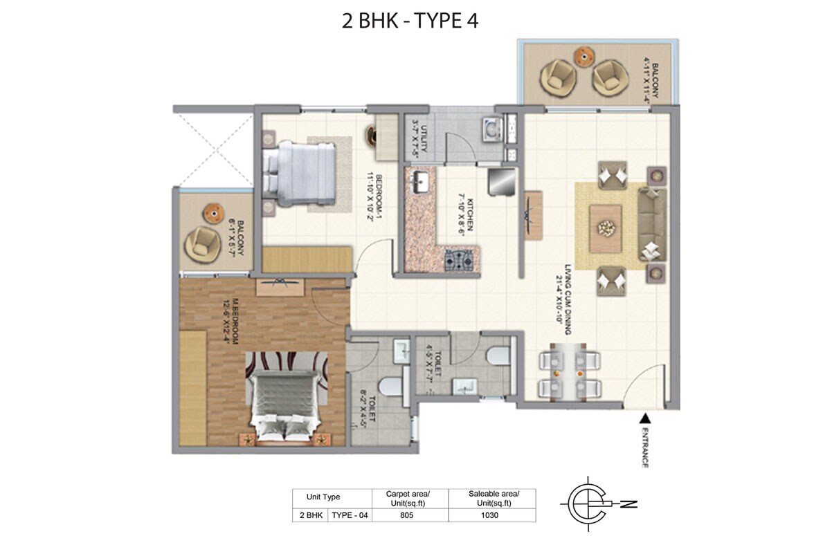 Floor plan of 2 BHK 1030 Sq. Ft. Apartment in Golden Gate Golden Days, Bangalore