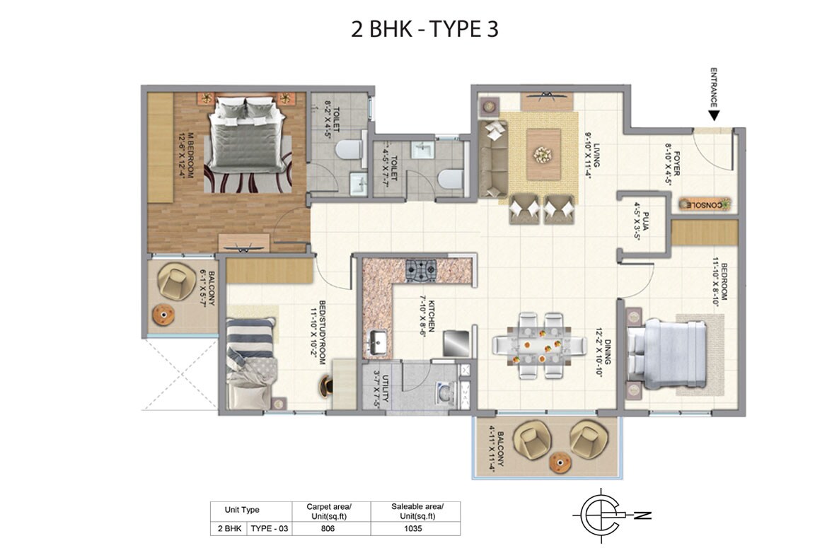 Floor plan of 2 BHK 1035 Sq. Ft. Apartment in Golden Gate Golden Days, Bangalore