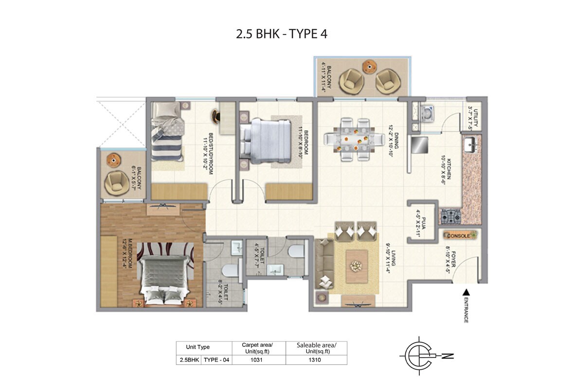 Floor plan of 2 BHK 1310 Sq. Ft. Apartment in Golden Gate Golden Days, Bangalore