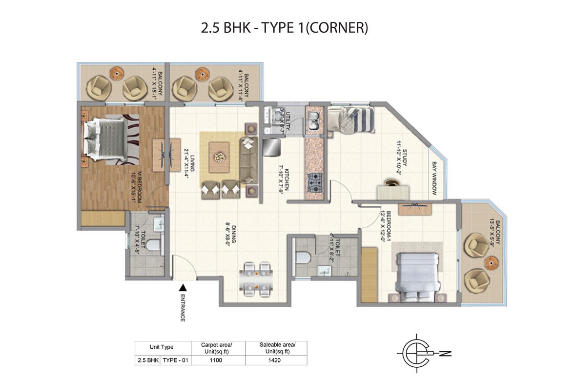 Floor plan of 2 BHK 1420 Sq. Ft. Apartment in Golden Gate Golden Days, Bangalore