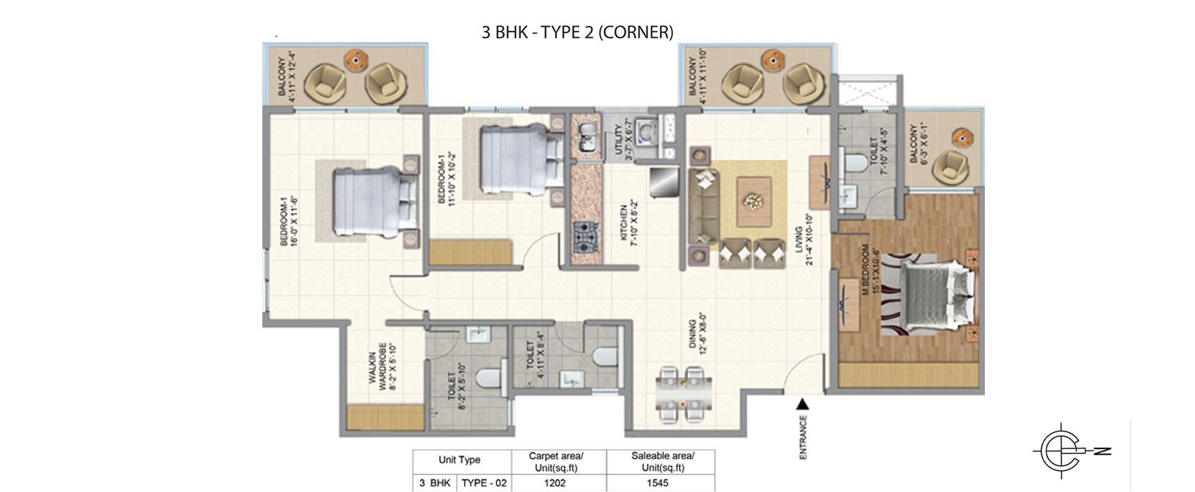 Floor plan of 3 BHK 1545 Sq. Ft. Apartment in Golden Gate Golden Days, Bangalore