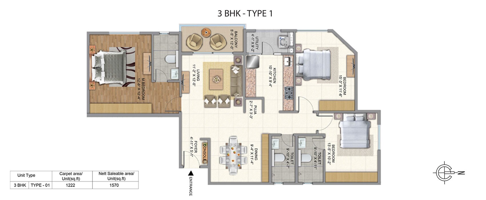 Floor plan of 3 BHK 1570 Sq. Ft. Apartment in Golden Gate Golden Days, Bangalore