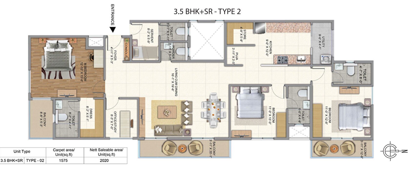 Floor plan of 3 BHK 2020 Sq. Ft. Apartment in Golden Gate Golden Days, Bangalore
