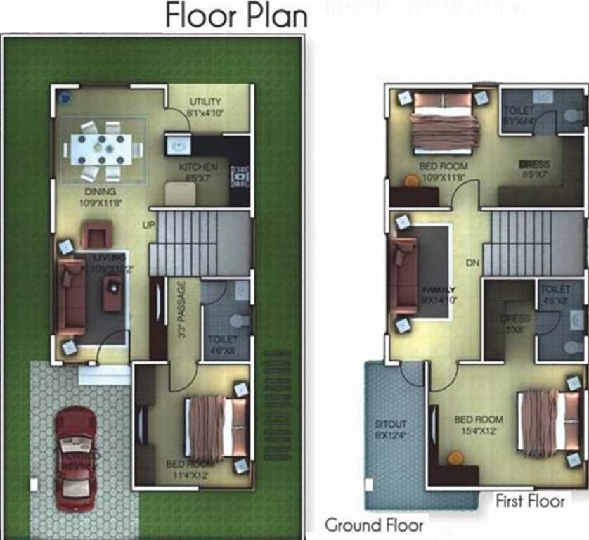 Floor plan of 3 BHK 1453 Sq. Ft. Villa in Golden Gate Home III, Bangalore