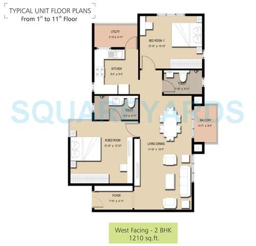 Floor plan of 2 BHK 1210 Sq. Ft. Apartment in Golden Gate Panorama, Bangalore