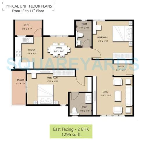 Floor plan of 2 BHK 1295 Sq. Ft. Apartment in Golden Gate Panorama, Bangalore