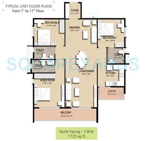 Floor plan of 3 BHK 1725 Sq. Ft. Apartment in Golden Gate Panorama, Bangalore