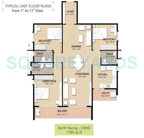 Floor plan of 3 BHK 1785 Sq. Ft. Apartment in Golden Gate Panorama, Bangalore