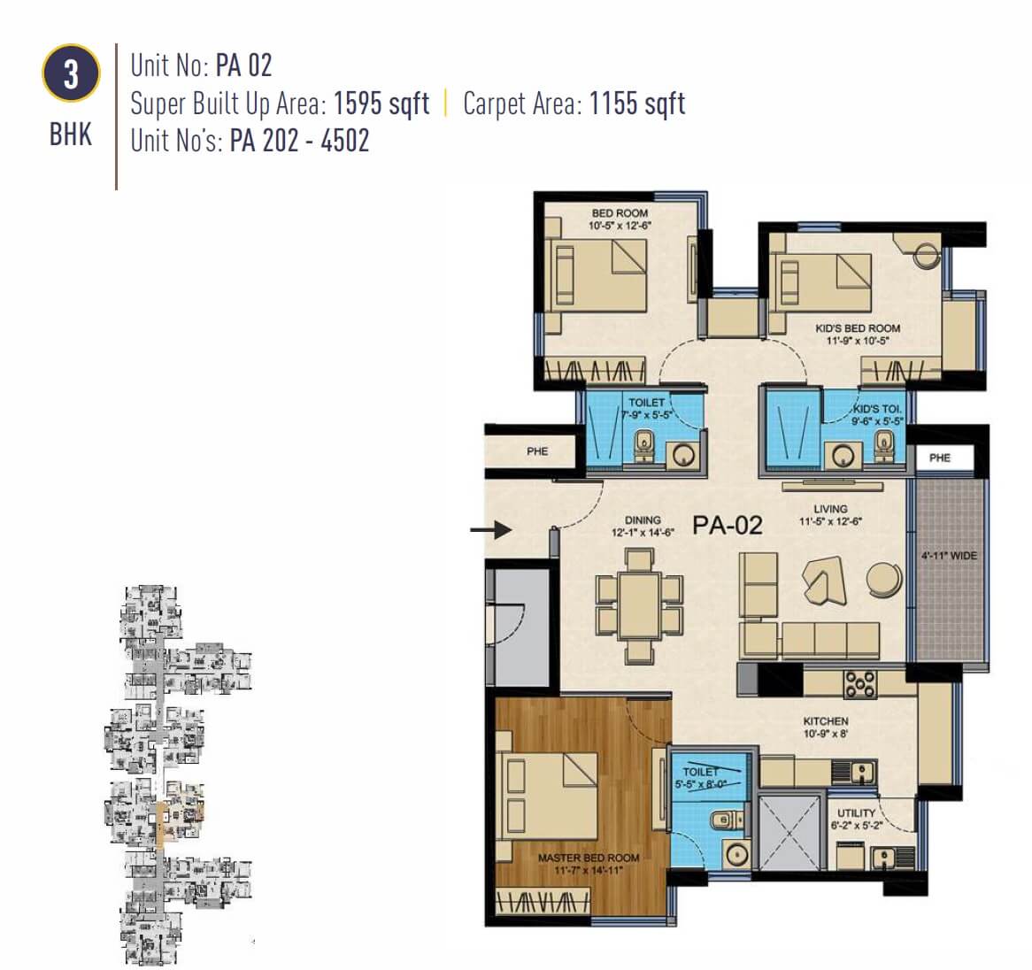 Floor plan of 3 BHK 1595 Sq. Ft. Apartment in Golden Gate The Presidential Tower, Bangalore