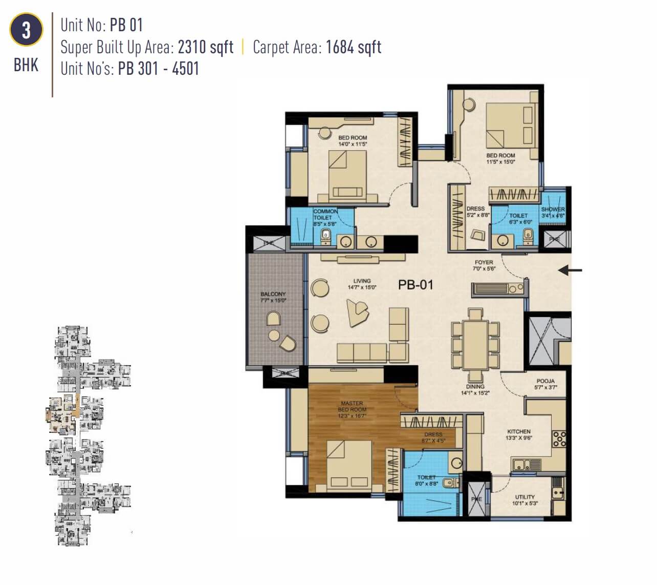 Floor plan of 3 BHK 2310 Sq. Ft. Apartment in Golden Gate The Presidential Tower, Bangalore
