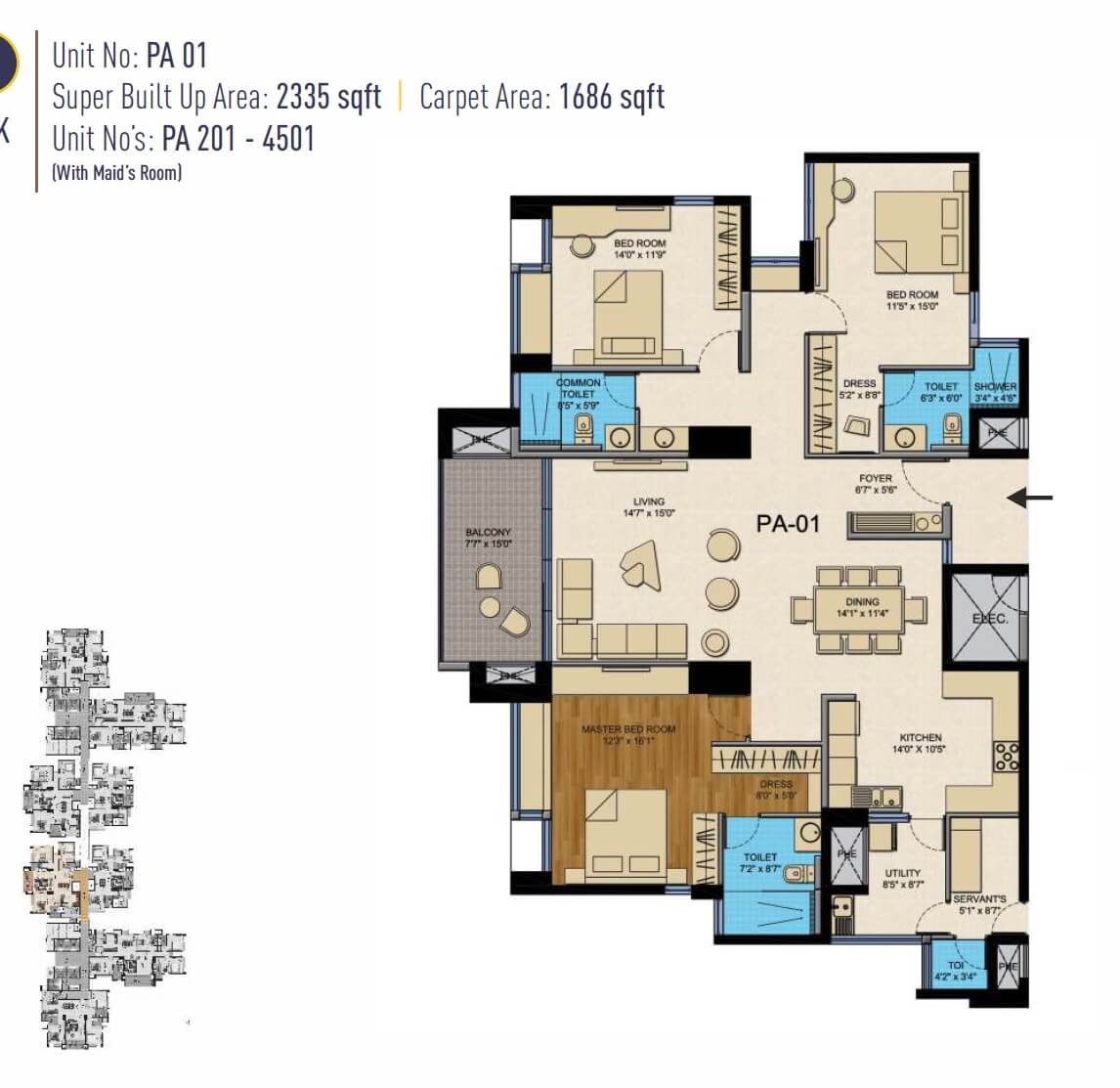 Floor plan of 3 BHK 2335 Sq. Ft. Apartment in Golden Gate The Presidential Tower, Bangalore