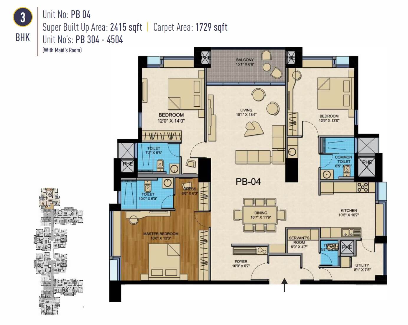 Floor plan of 3 BHK 2415 Sq. Ft. Apartment in Golden Gate The Presidential Tower, Bangalore