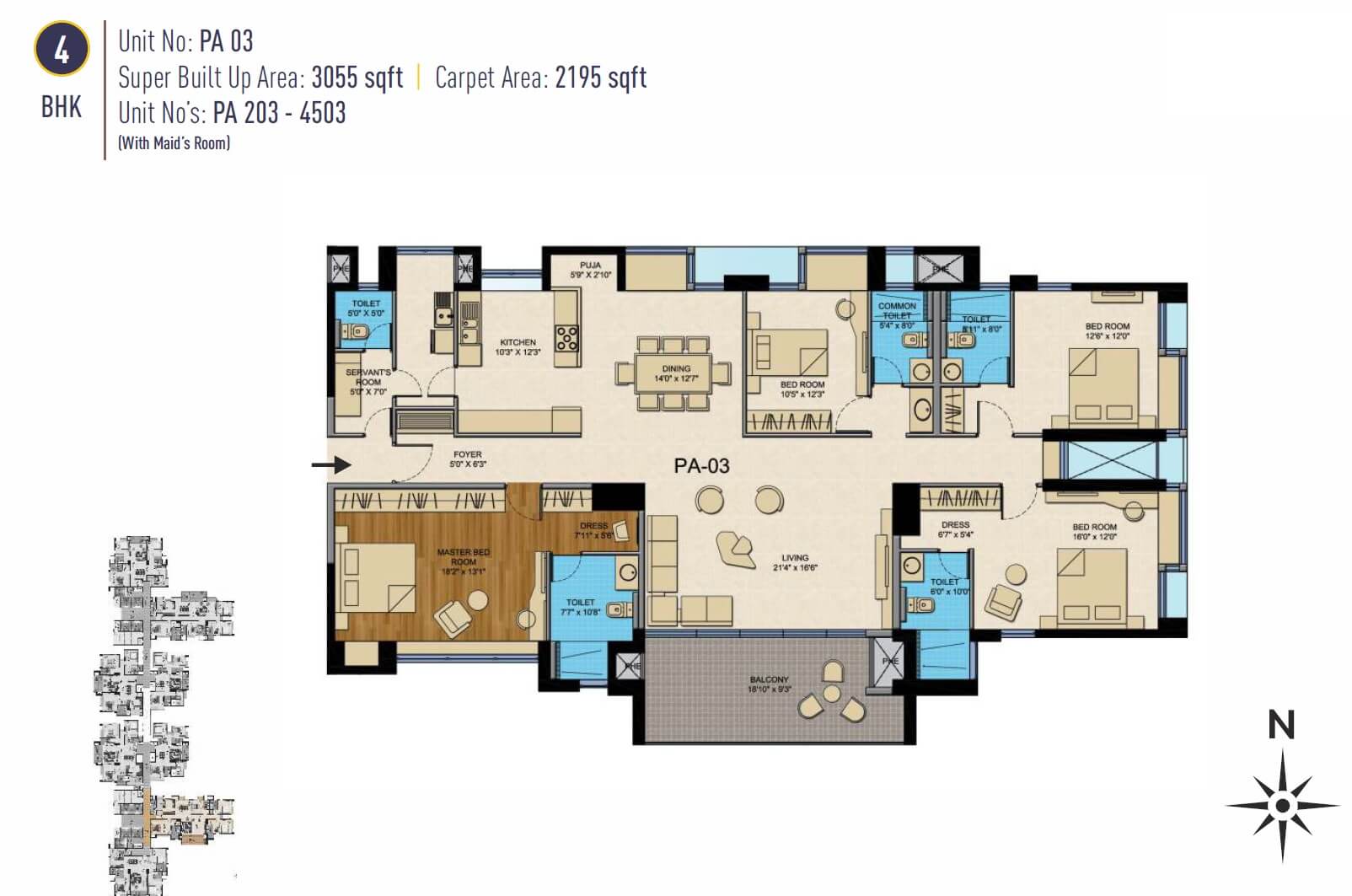Floor plan of 4 BHK 3055 Sq. Ft. Apartment in Golden Gate The Presidential Tower, Bangalore