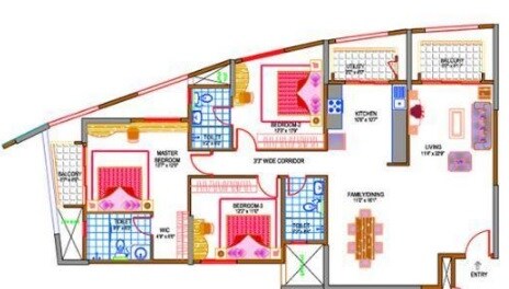 Floor plan of 3 BHK 1855 Sq. Ft. Apartment in Golden Grand, Bangalore