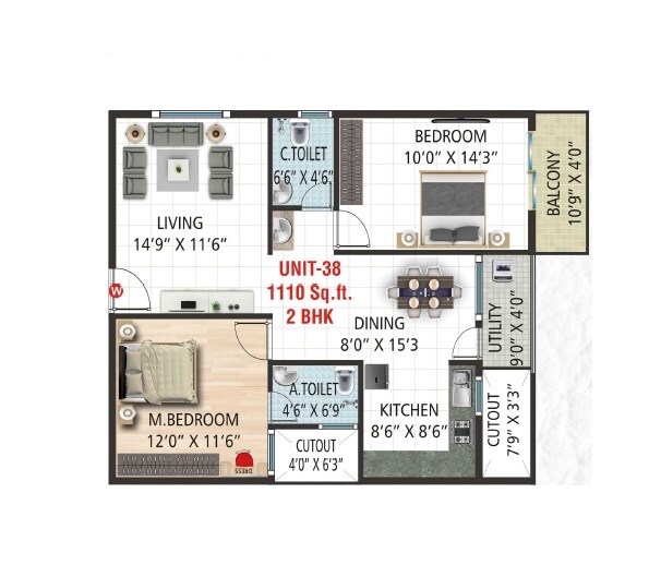2 BHK 1110 Sq. Ft. Apartment