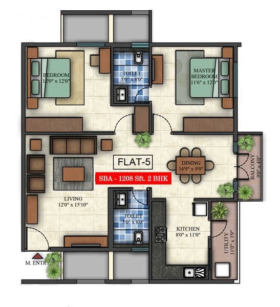 Floor plan of 2 BHK 1208 Sq. Ft. Apartment in Golden Mark Wind Flower, Bangalore