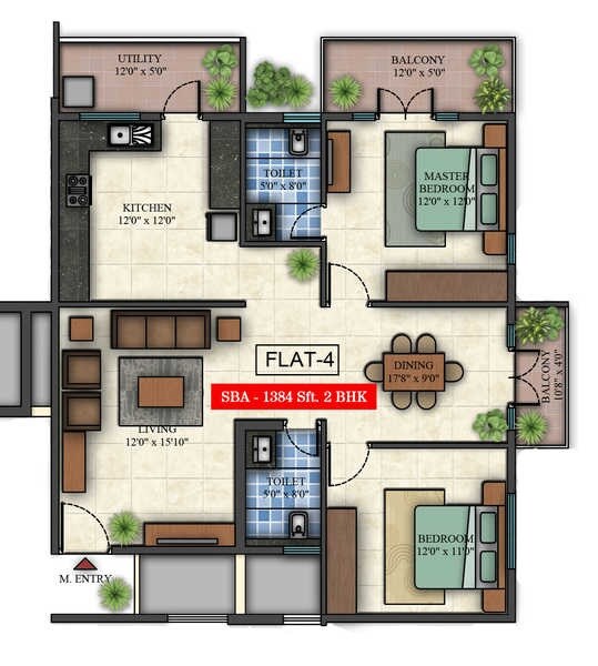 Floor plan of 2 BHK 1384 Sq. Ft. Apartment in Golden Mark Wind Flower, Bangalore