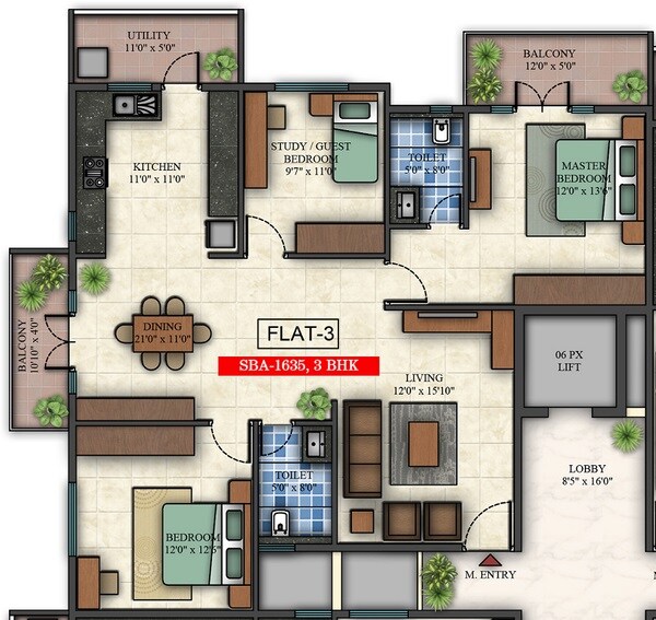 Floor plan of 3 BHK 1635 Sq. Ft. Apartment in Golden Mark Wind Flower, Bangalore