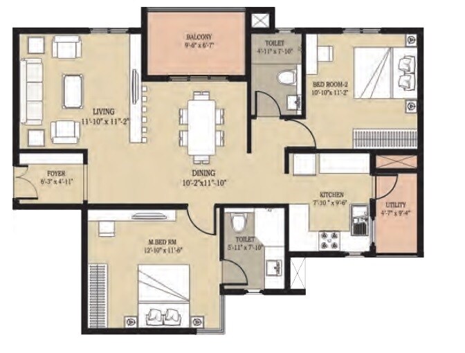 Floor plan of 2 BHK 1225 Sq. Ft. Apartment in Golden Panorama, Bangalore