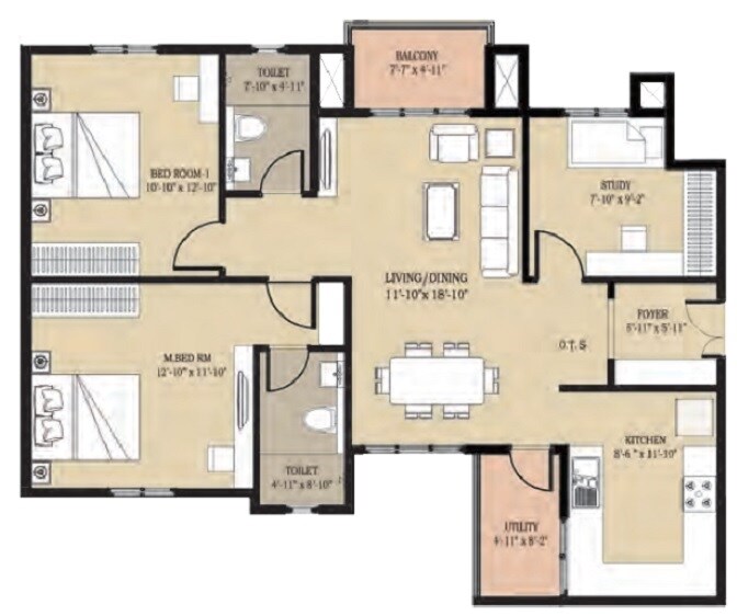Floor plan of 2 BHK 1315 Sq. Ft. Apartment in Golden Panorama, Bangalore