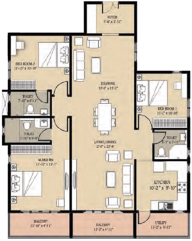 Floor plan of 3 BHK 1725 Sq. Ft. Apartment in Golden Panorama, Bangalore