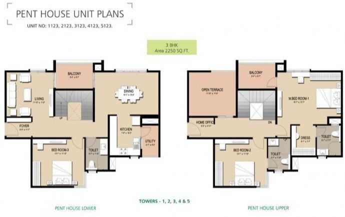 Floor plan of 3 BHK 2250 Sq. Ft. Penthouse in Golden Panorama, Bangalore