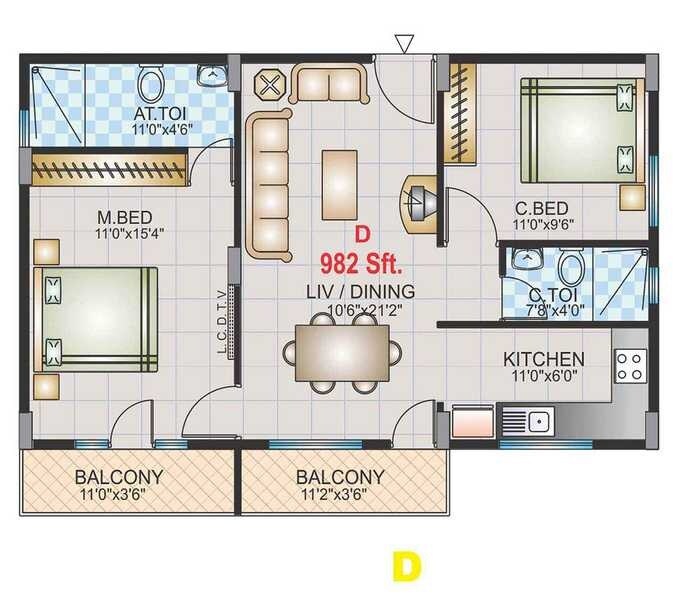 Floor plan of 2 BHK 982 Sq. Ft. Apartment in Golden Telecom Enclave, Bangalore