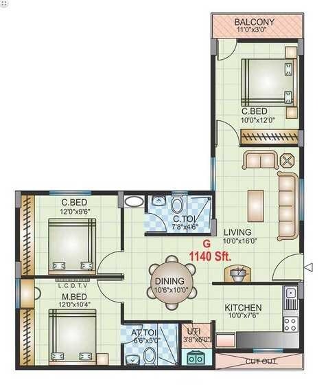Floor plan of 3 BHK 1140 Sq. Ft. Apartment in Golden Telecom Enclave, Bangalore