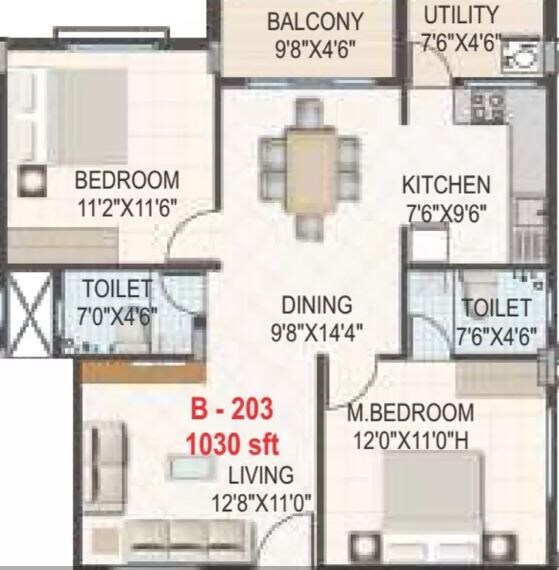 Floor plan of 2 BHK 1030 Sq. Ft. Apartment in Gomati Iris, Bangalore