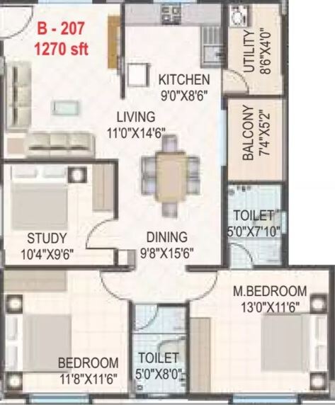 Floor plan of 2 BHK 1270 Sq. Ft. Apartment in Gomati Iris, Bangalore