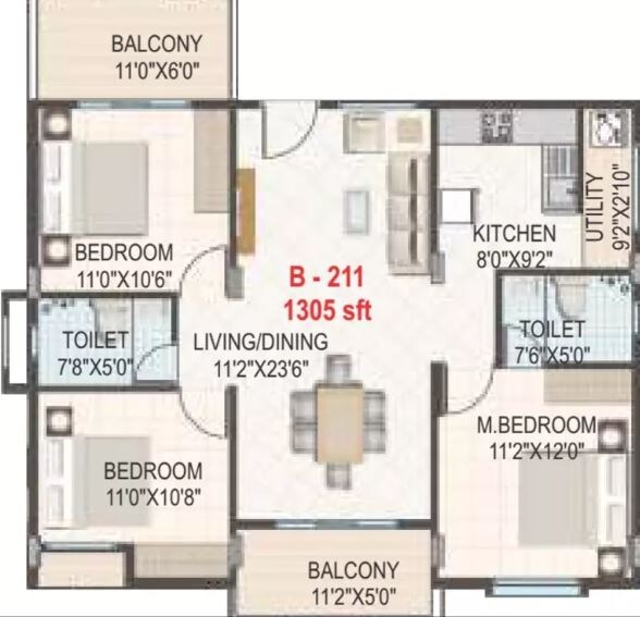 Floor plan of 3 BHK 1305 Sq. Ft. Apartment in Gomati Iris, Bangalore