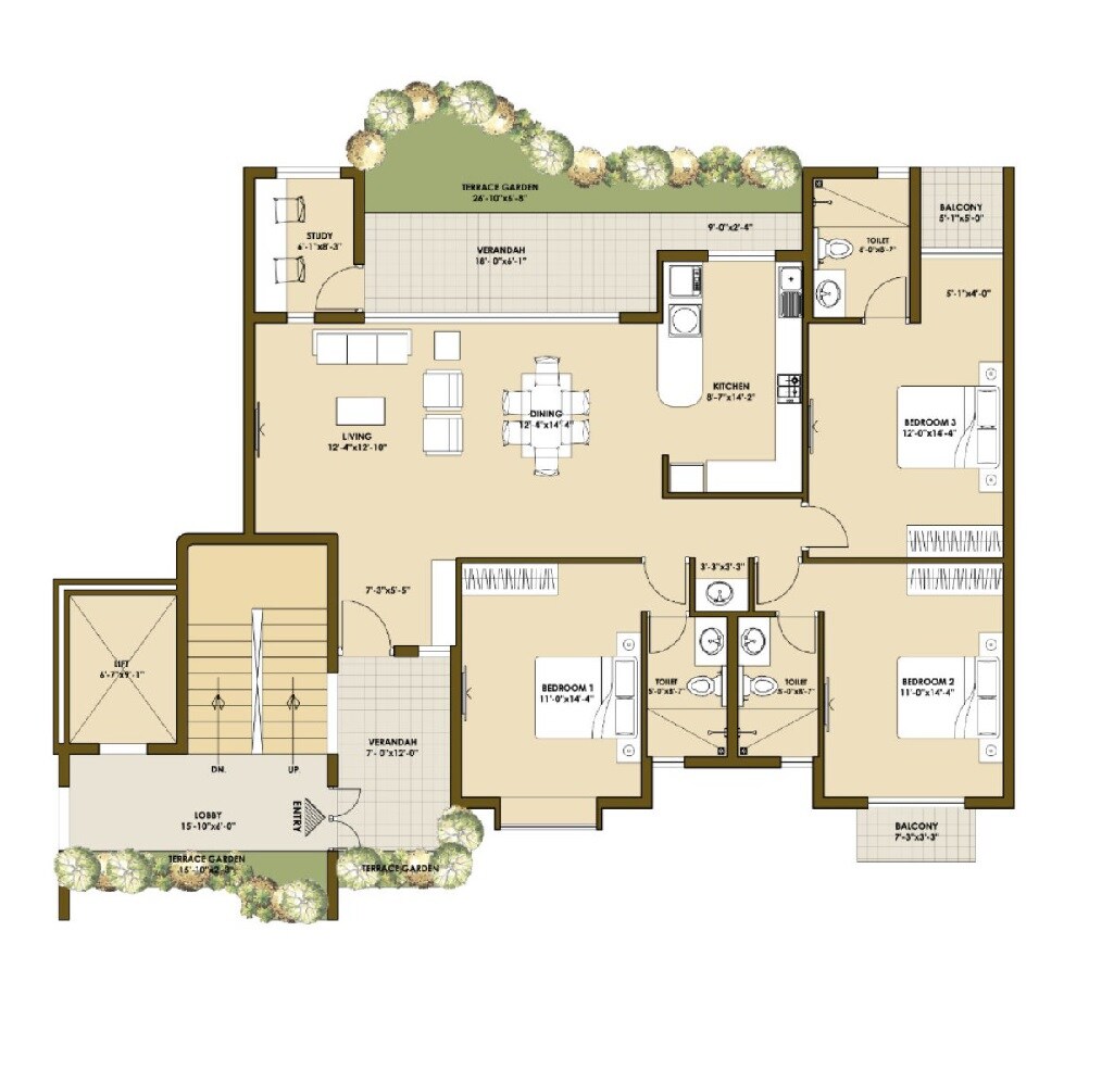 Floor plan of 3 BHK 2050 Sq. Ft. Apartment in Good Earth Cadence, Bangalore