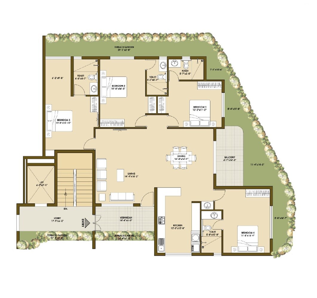 Floor plan of 4 BHK 2300 Sq. Ft. Apartment in Good Earth Cadence, Bangalore