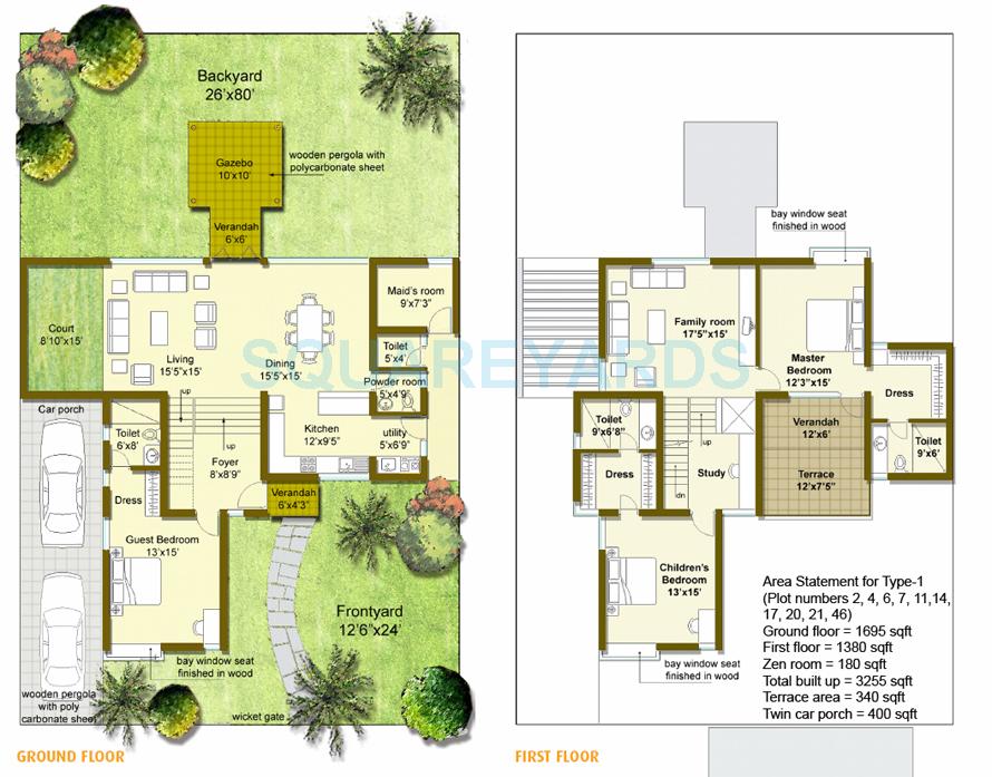 Floor plan of 3 BHK Villa - 3255 sq. ft. in Good Earth Palmgrove, Bangalore