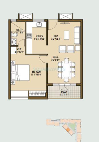 Floor plan of 1 BHK 818 Sq. Ft. Apartment in Good Earth Malhar Terraces, Bangalore