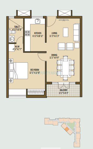 Floor plan of 1 BHK 916 Sq. Ft. Apartment in Good Earth Malhar Terraces, Bangalore