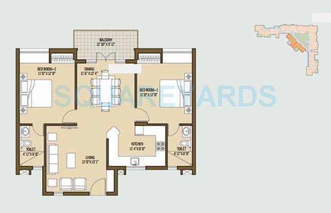 Floor plan of 2 BHK 1128 Sq. Ft. Apartment in Good Earth Malhar Terraces, Bangalore