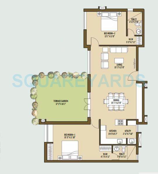 Floor plan of 2 BHK 1359 Sq. Ft. Apartment in Good Earth Malhar Terraces, Bangalore