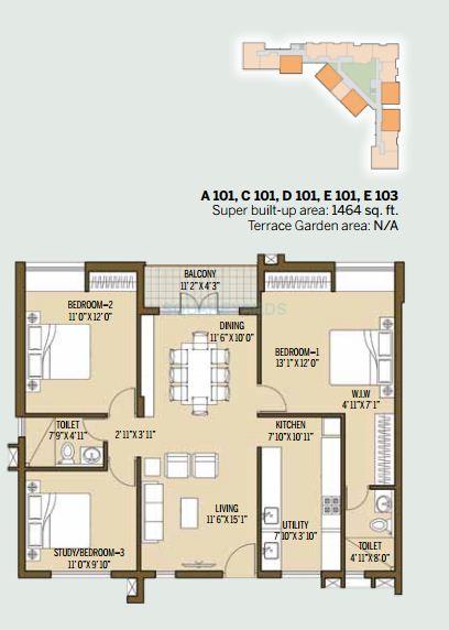 Floor plan of 2 BHK 1464 Sq. Ft. Apartment in Good Earth Malhar Terraces, Bangalore